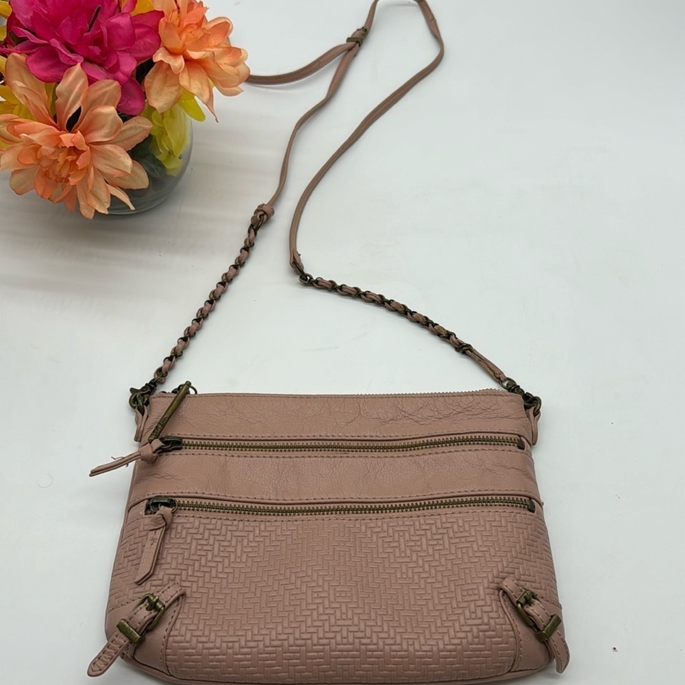 Elliott Lucca Messina Small Pink Leather Crossbody Bag Embossed Basket Weave